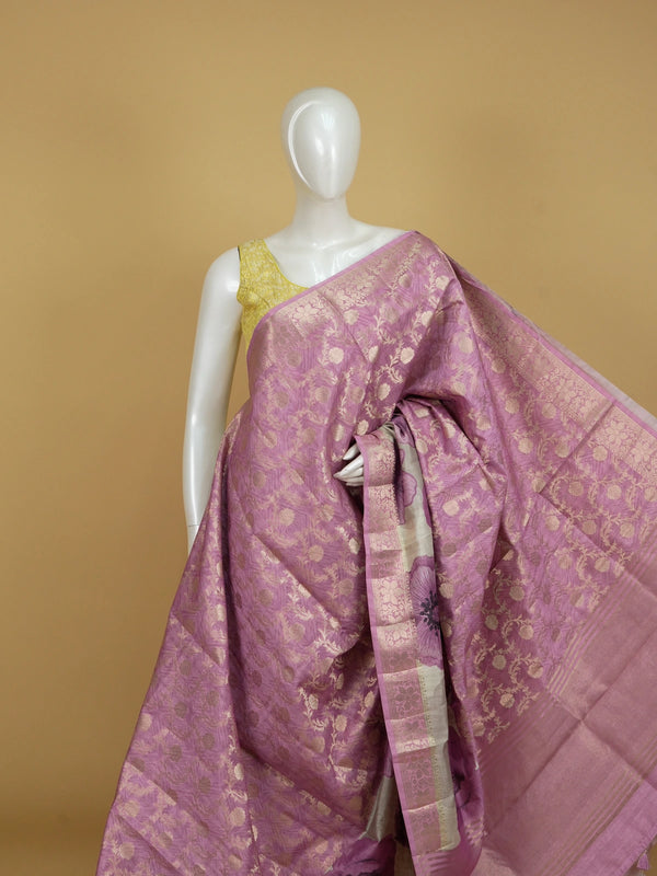 Mauve semi tussar saree with gold zari floral jaal and purple floral printed pallu