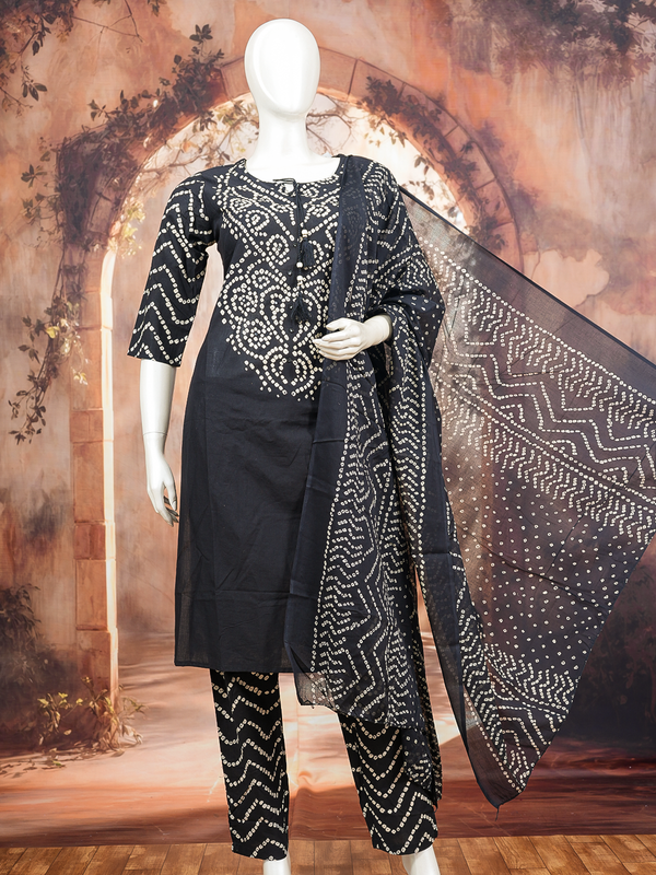 Black and cream Bandhani print cotton kurti set with straight pants and matching dupatta