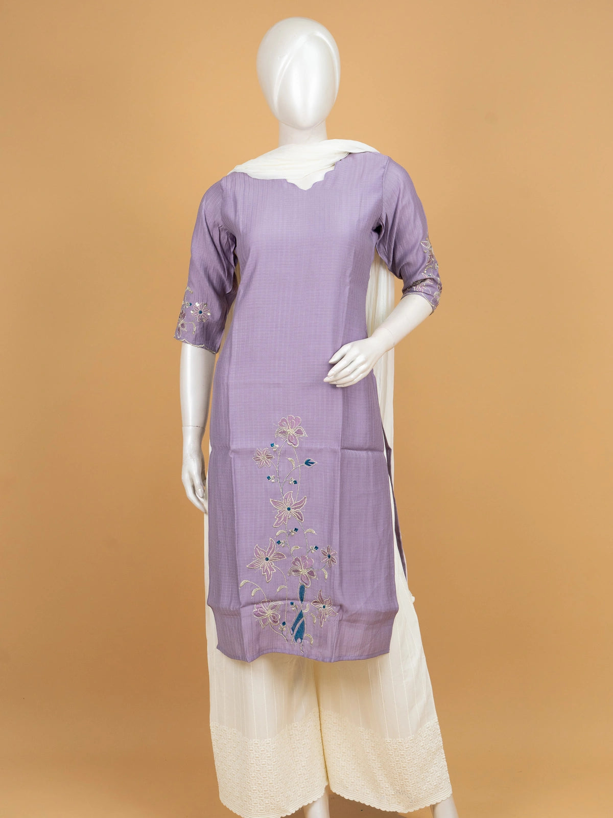 Lavender floral embroidered cotton silk Anarkali kurti top with scalloped neckline