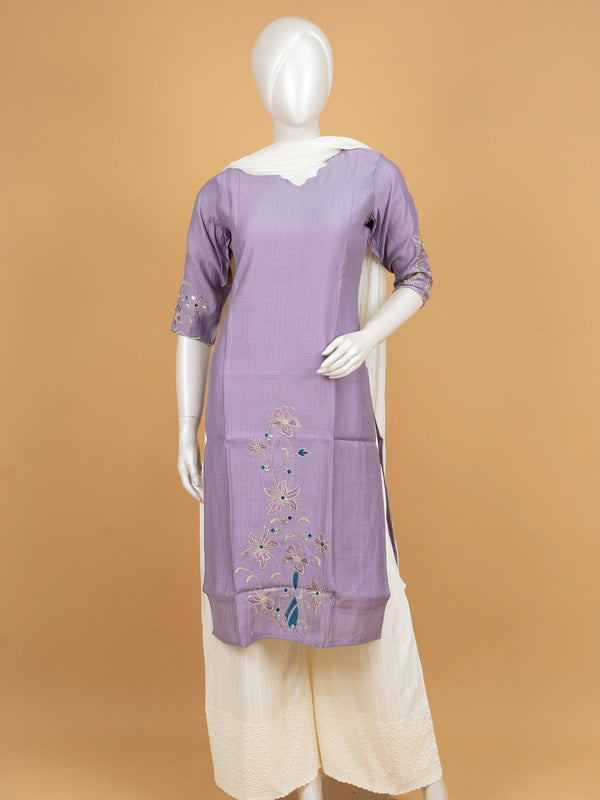 Lavender floral embroidered cotton silk Anarkali kurti top with scalloped neckline