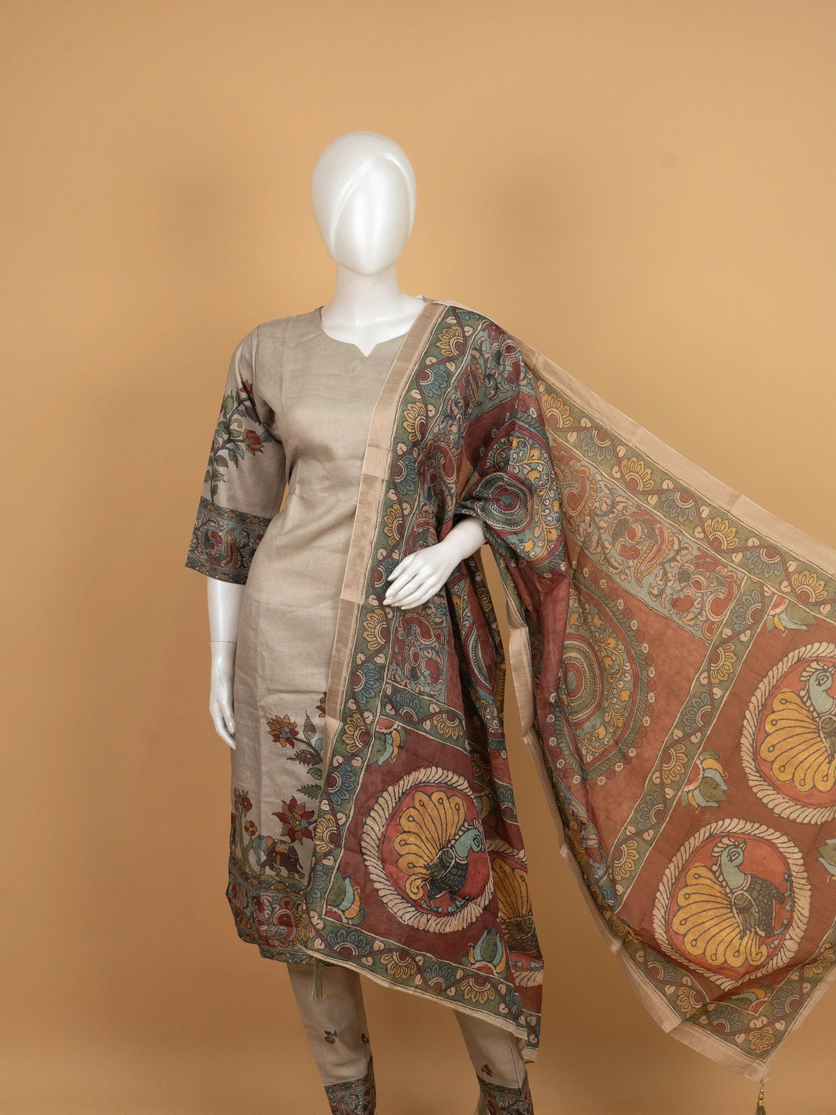 Beige Kalamkari printed cotton straight cut kurti set with multicolour peacock print dupatta