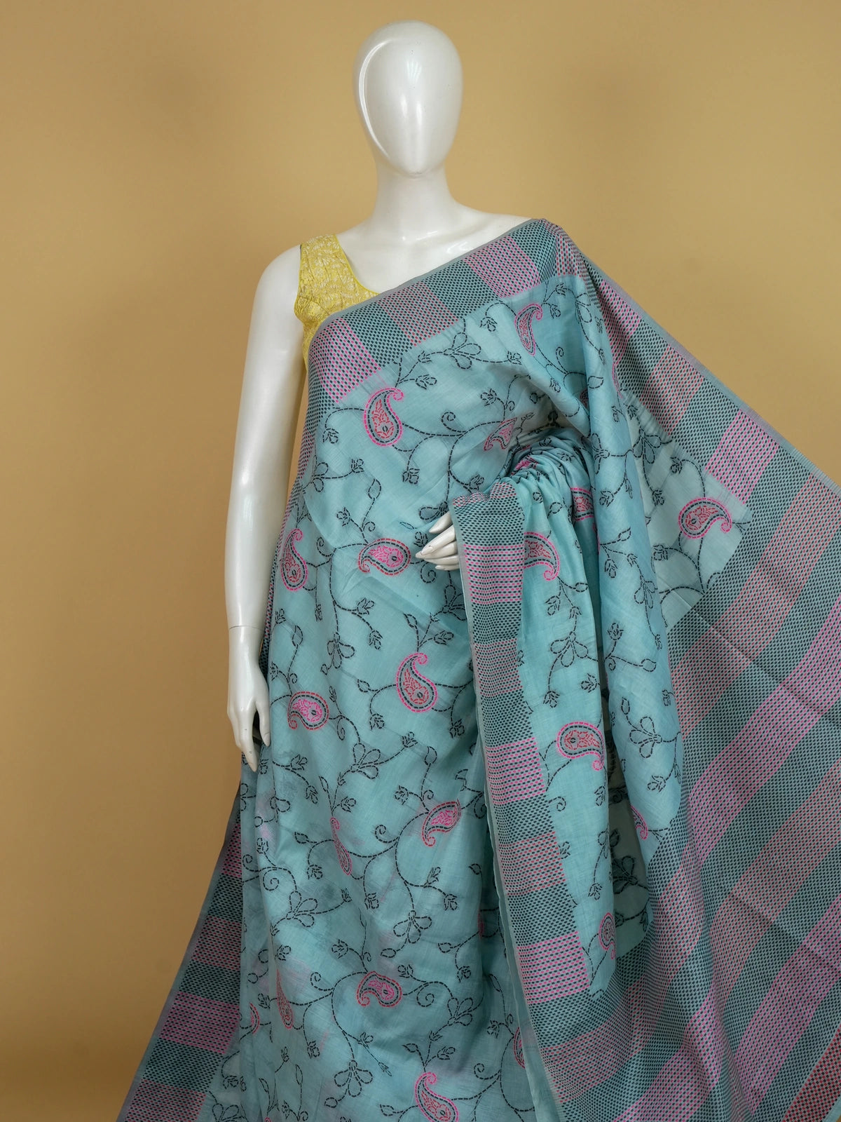 Aqua blue linen cotton saree with pink kantha paisley embroidery and contrast striped border