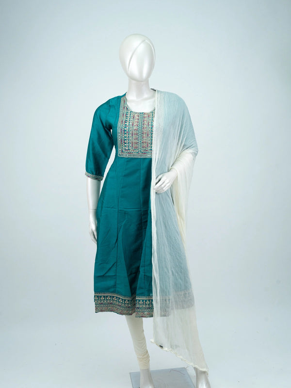 Teal embroidered art silk Anarkali kurti with gold zari yoke embroidery