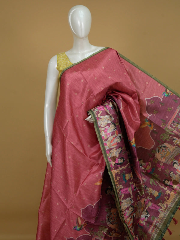 Rose pink semi tussar saree with gold butta body, green zari border and Pattachitra figurative pallu