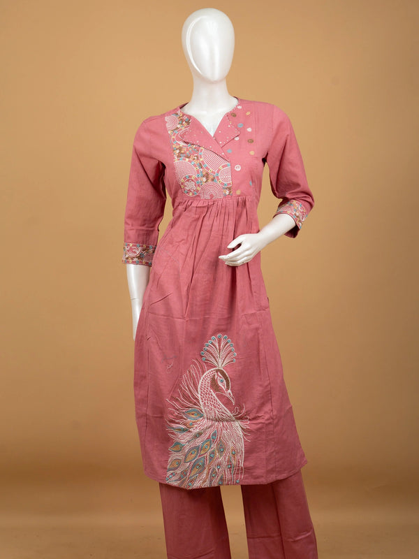 Rose Pink Cotton Peacock Kantha Embroidered Straight Cut Kurti Set with straight-fit pants