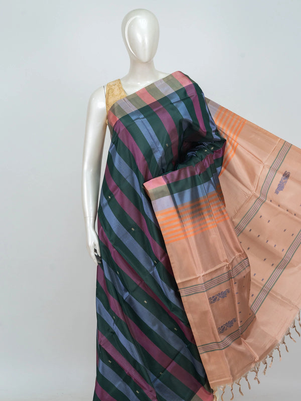 Multicolour checked Banana Silk saree with peach striped floral-butta pallu and contrast border