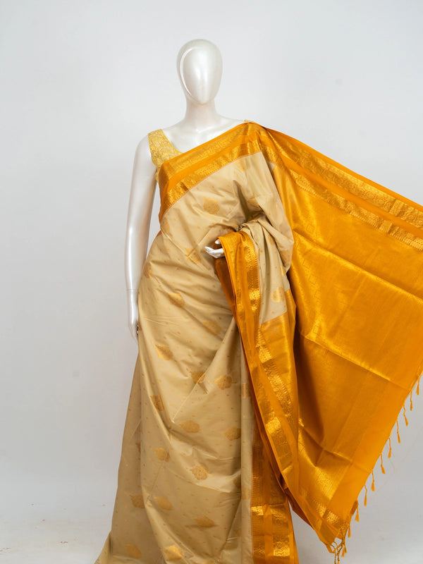 Cream Kanchipuram fancy silk saree with mustard yellow contrast border and gold zari pallu