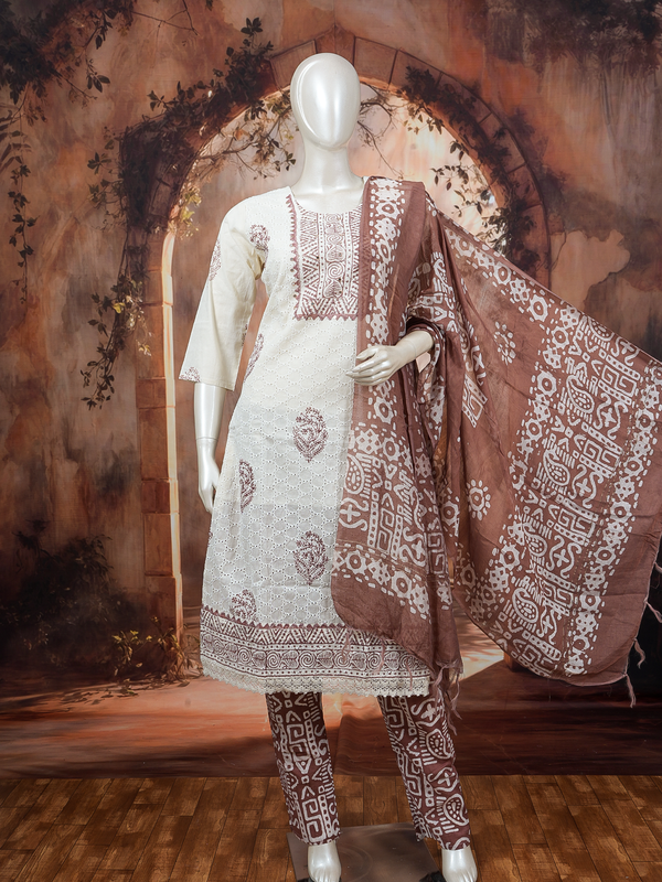 Cream schiffli cotton kurti set with brown batik-print dupatta and straight-fit pants