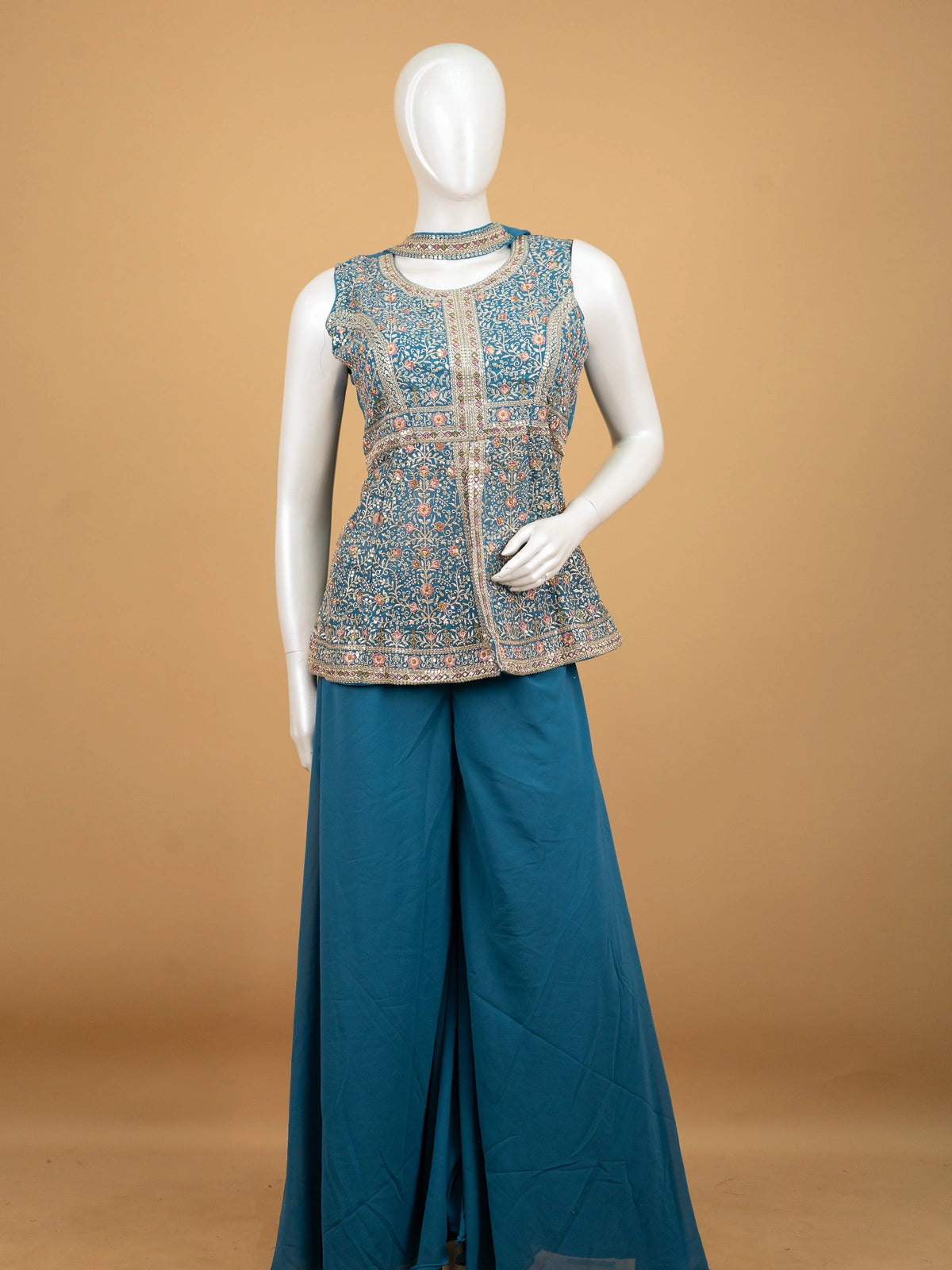 Teal Blue Georgette floral embroidered sleeveless straight cut kurti set with palazzo and dupatta