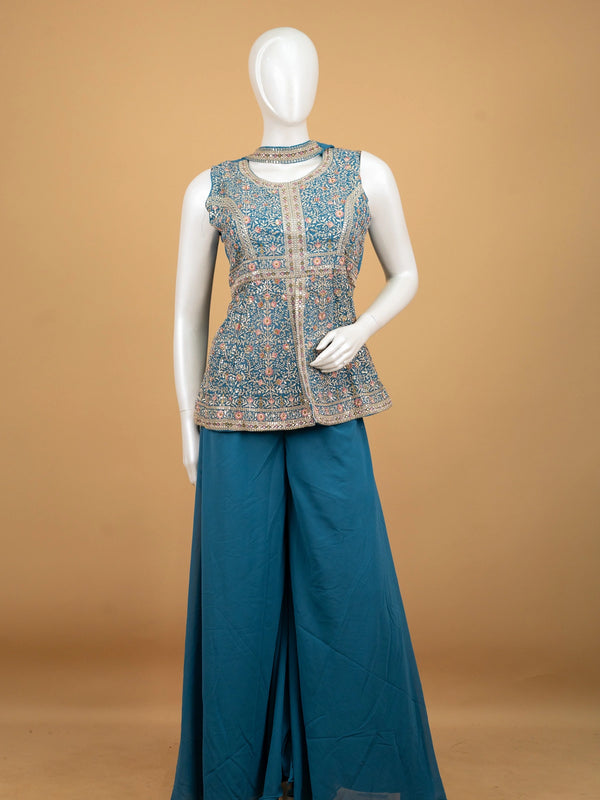Teal Blue Georgette floral embroidered sleeveless straight cut kurti set with palazzo and dupatta