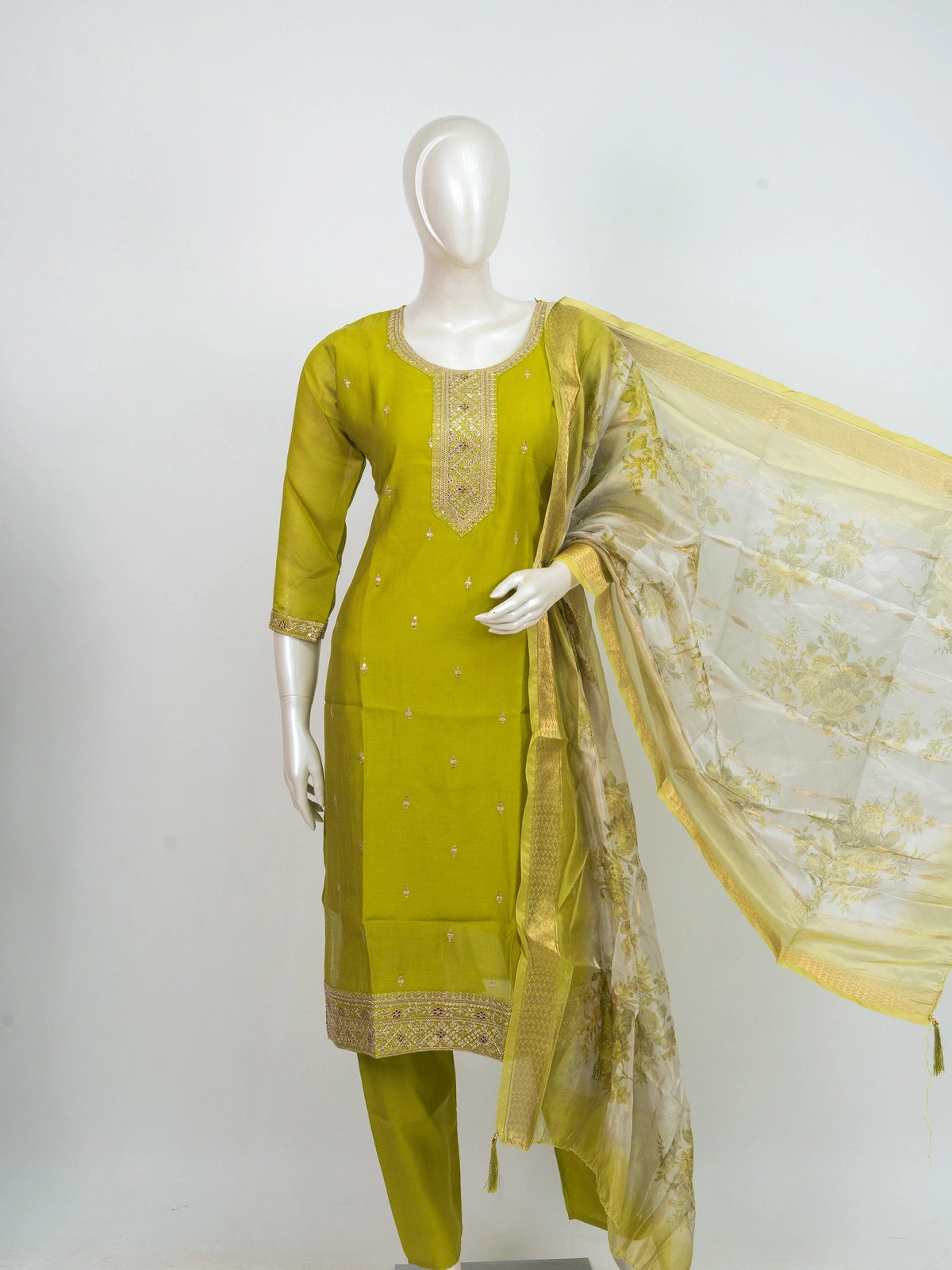 Mehendi Green Chanderi Silk Zari Embroidered Straight Cut Kurti Set with floral organza dupatta