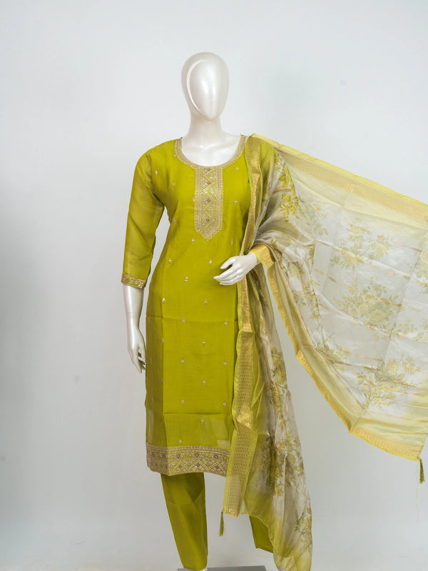 Mehendi Green Chanderi Silk Zari Embroidered Straight Cut Kurti Set with floral organza dupatta