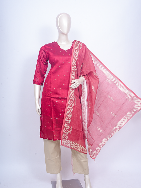 Rani pink zari buti ready made kurti set with matching dupatta and beige straight pants