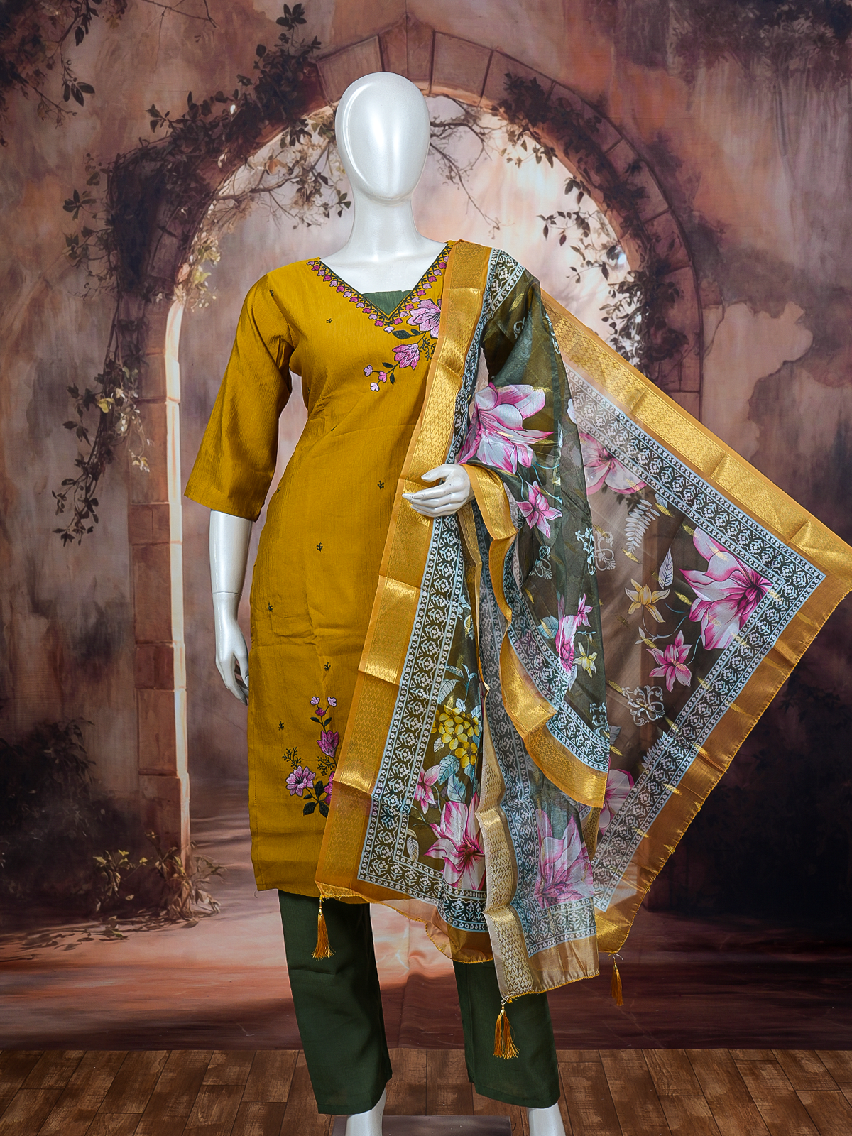Mustard yellow floral embroidered ready made kurti set with green pants and olive floral organza dupatta