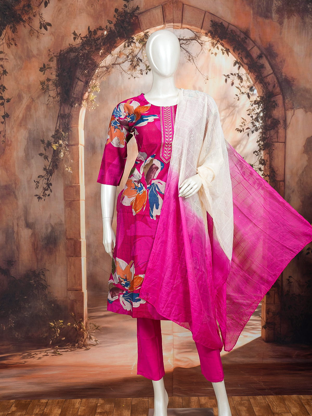 Magenta pink floral printed kurti set with straight pants and cream ombre ikat dupatta