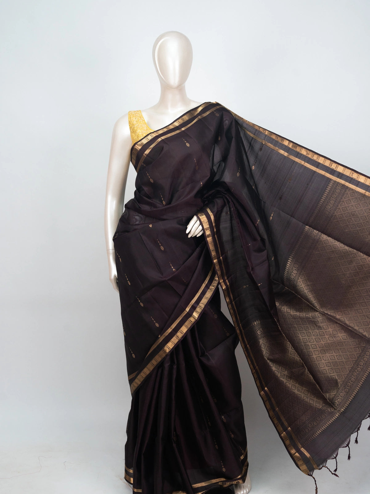 Deep aubergine soft silk saree with gold zari buttis, zari border and woven contrast pallu