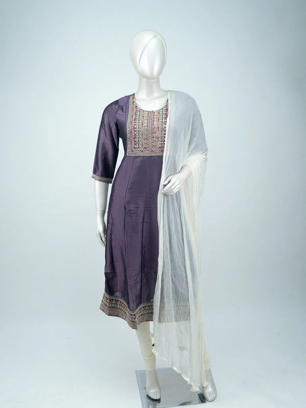 Dusty Purple silk blend embroidered Anarkali kurti top with ornate yoke and hem border