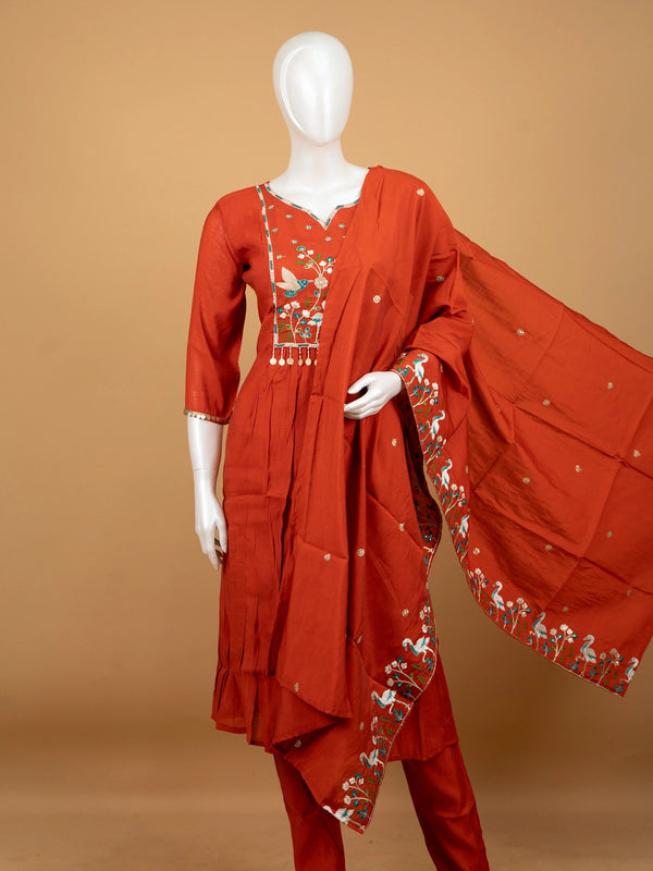 Rust Orange nature embroidered Anarkali kurti set with matching pants and embroidered dupatta