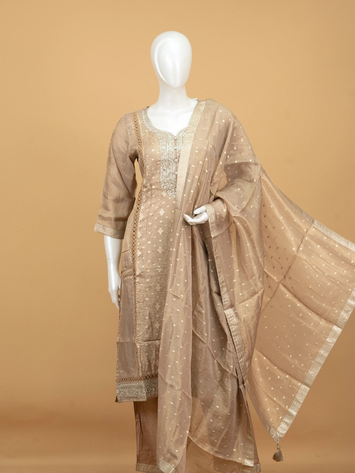 Beige Chanderi silk zari embroidered straight cut kurti set with matching dupatta