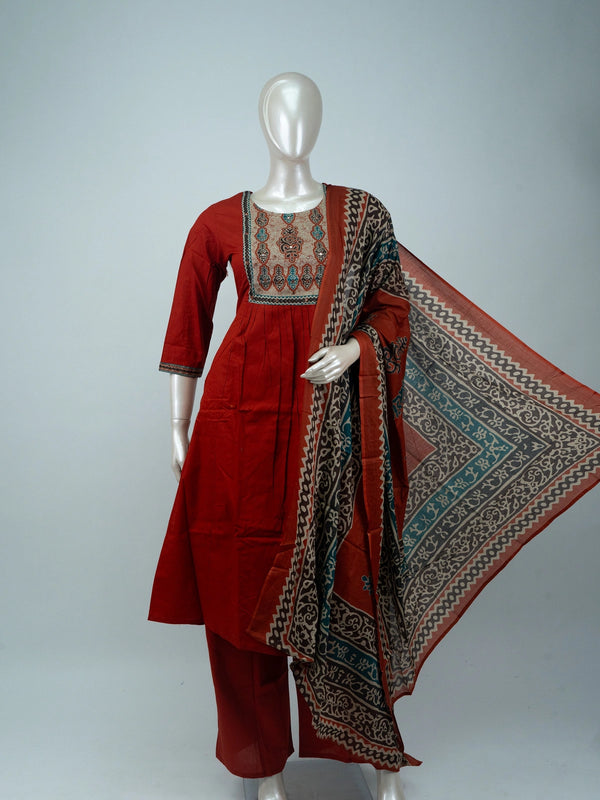 Rust Red Cotton Mirror Work Anarkali Kurti Set with Ajrakh printed dupatta and straight pants