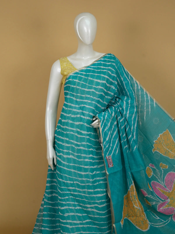 Teal and white leheriya printed linen cotton saree with floral pallu and gold border