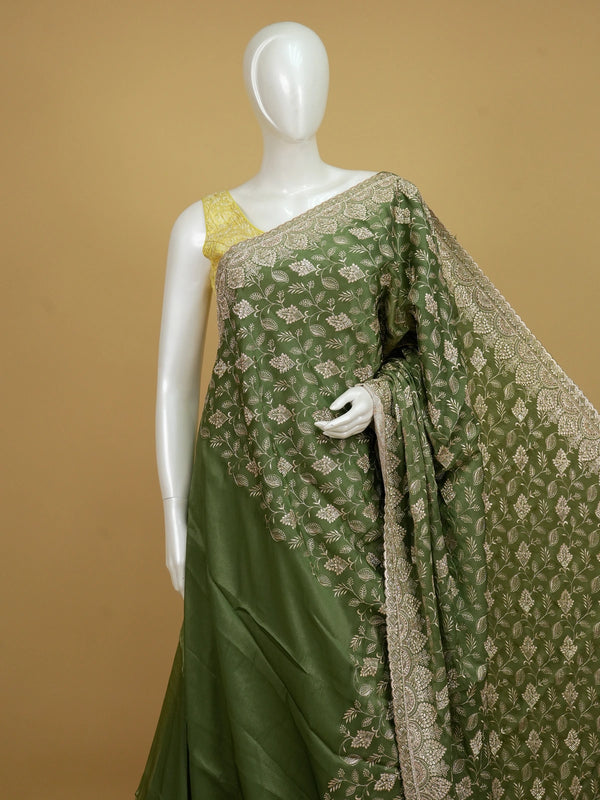 Mehendi green designer saree with gold floral zari embroidery and contrast yellow blouse