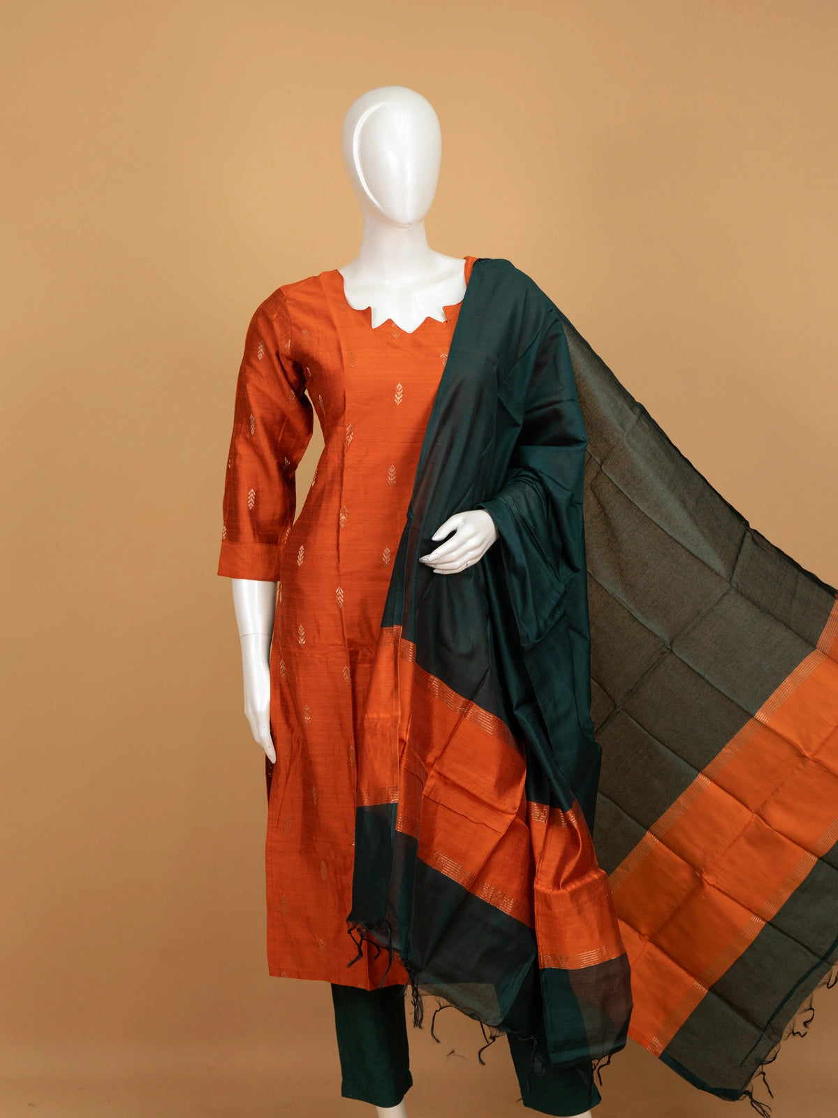 Rust orange zari butta silk blend straight cut kurti set with deep green pants and dupatta