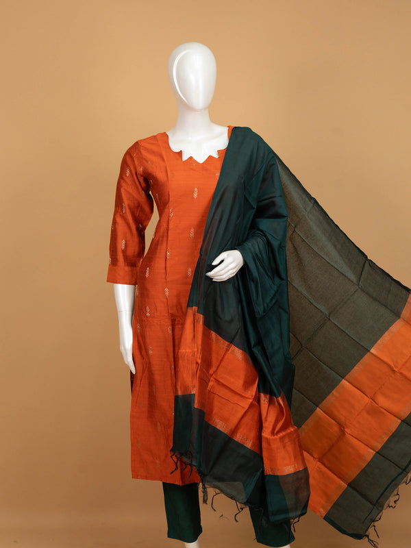 Rust orange zari butta silk blend straight cut kurti set with deep green pants and dupatta