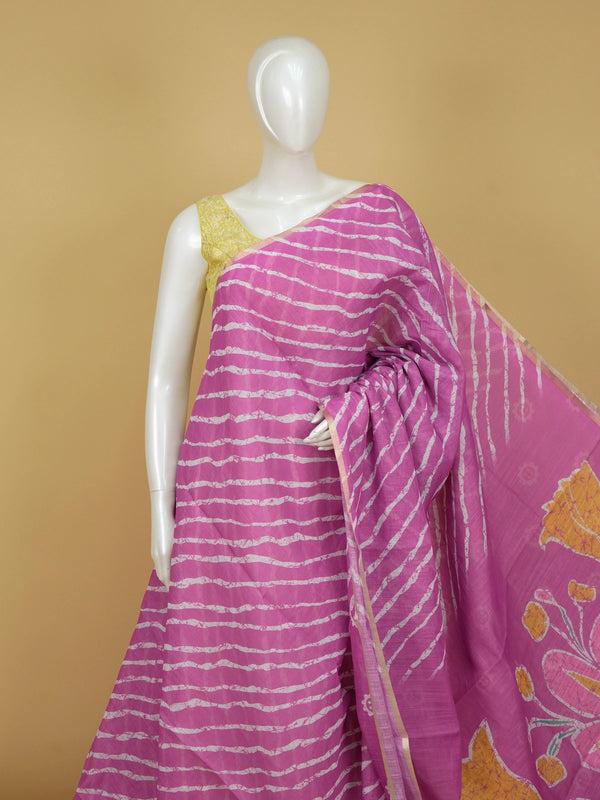 Pink and white leheriya linen cotton saree with batik floral pallu and gold zari border