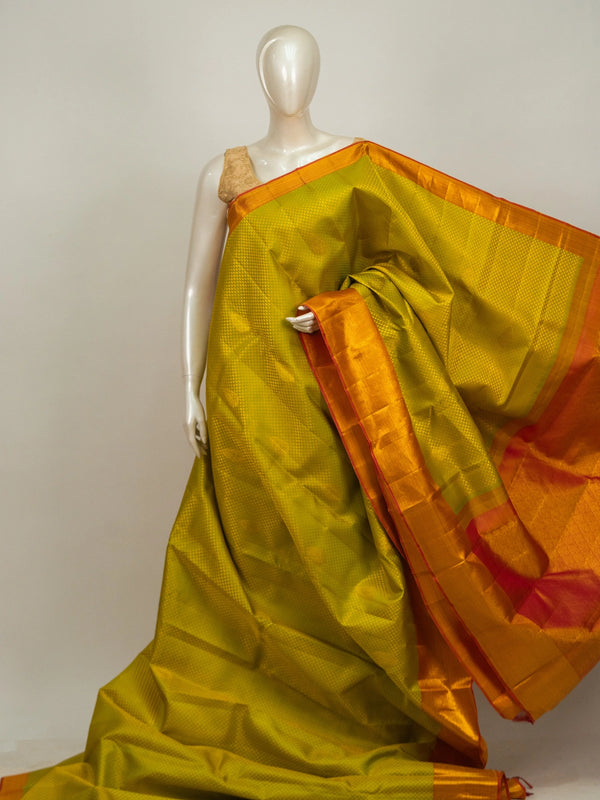 Lime green pure Kanchipuram silk saree with contrast orange gold zari border and pallu