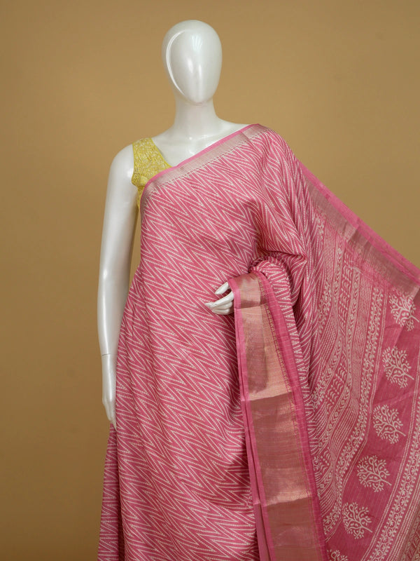 Pink and white chevron print designer saree with gold zari border and tree-motif pallu