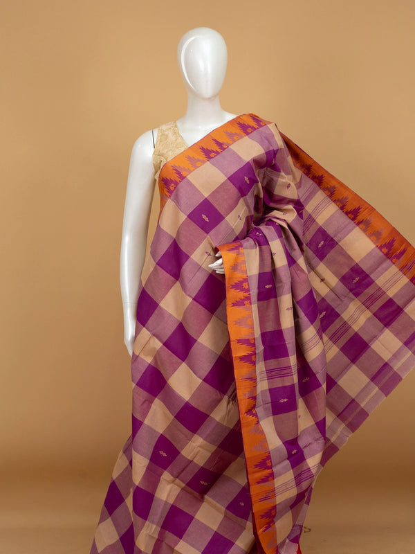 Purple and beige checked Chettinad cotton saree with contrast orange temple border