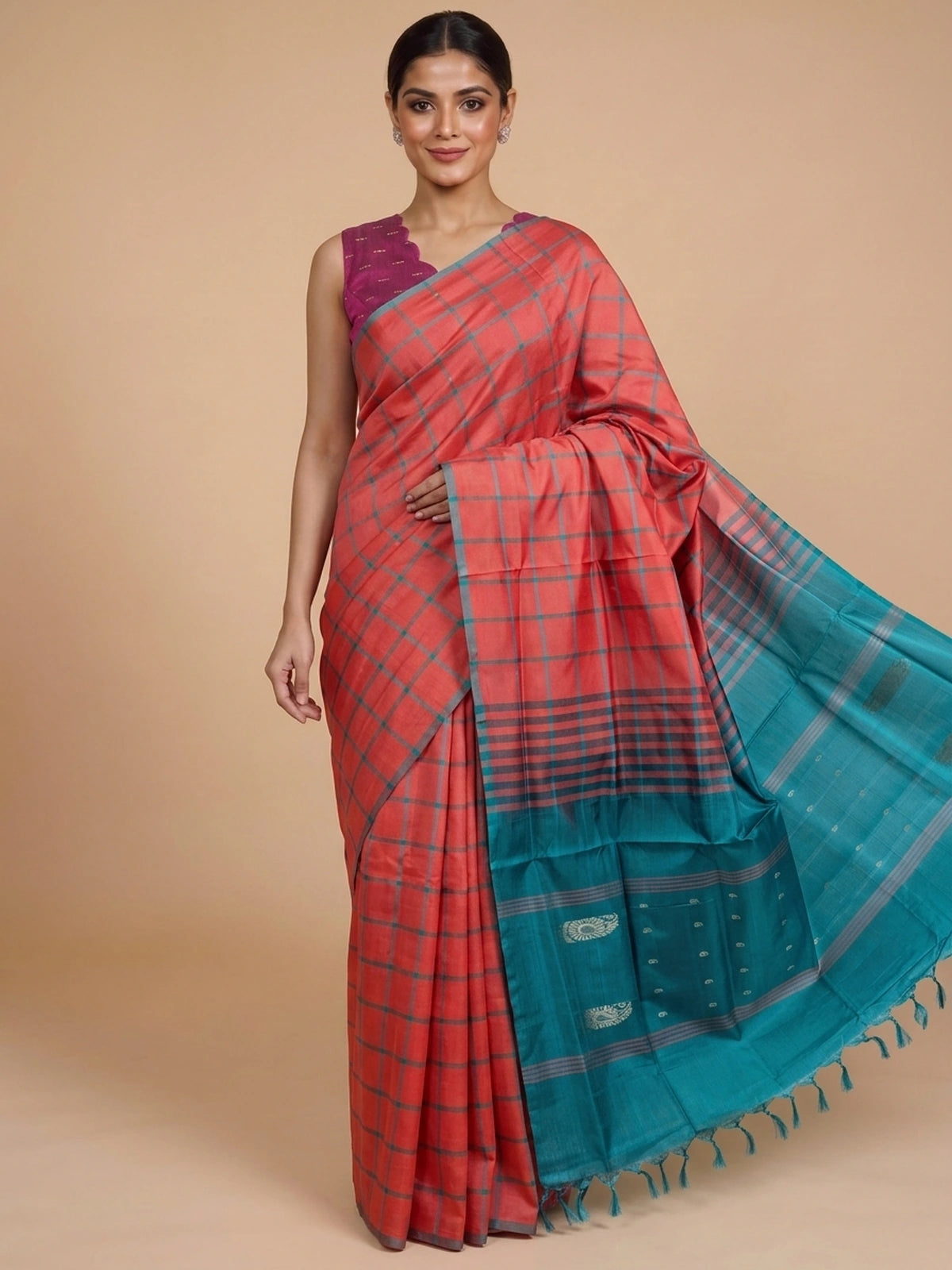 Coral Red and Teal Banana Silk Sarees