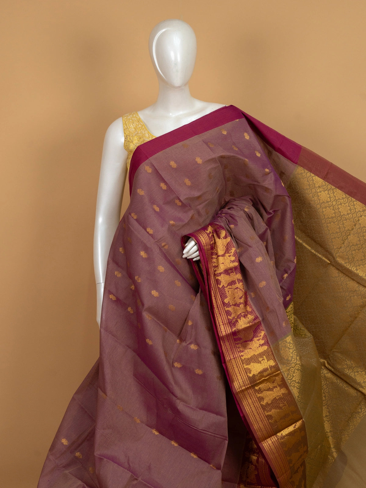Dusty mauve Chettinad cotton saree with gold zari buttas and contrast magenta figurative border