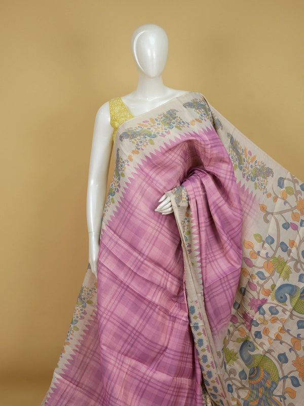 Pink and cream linen cotton saree with checked body, temple border and Kalamkari peacock pallu