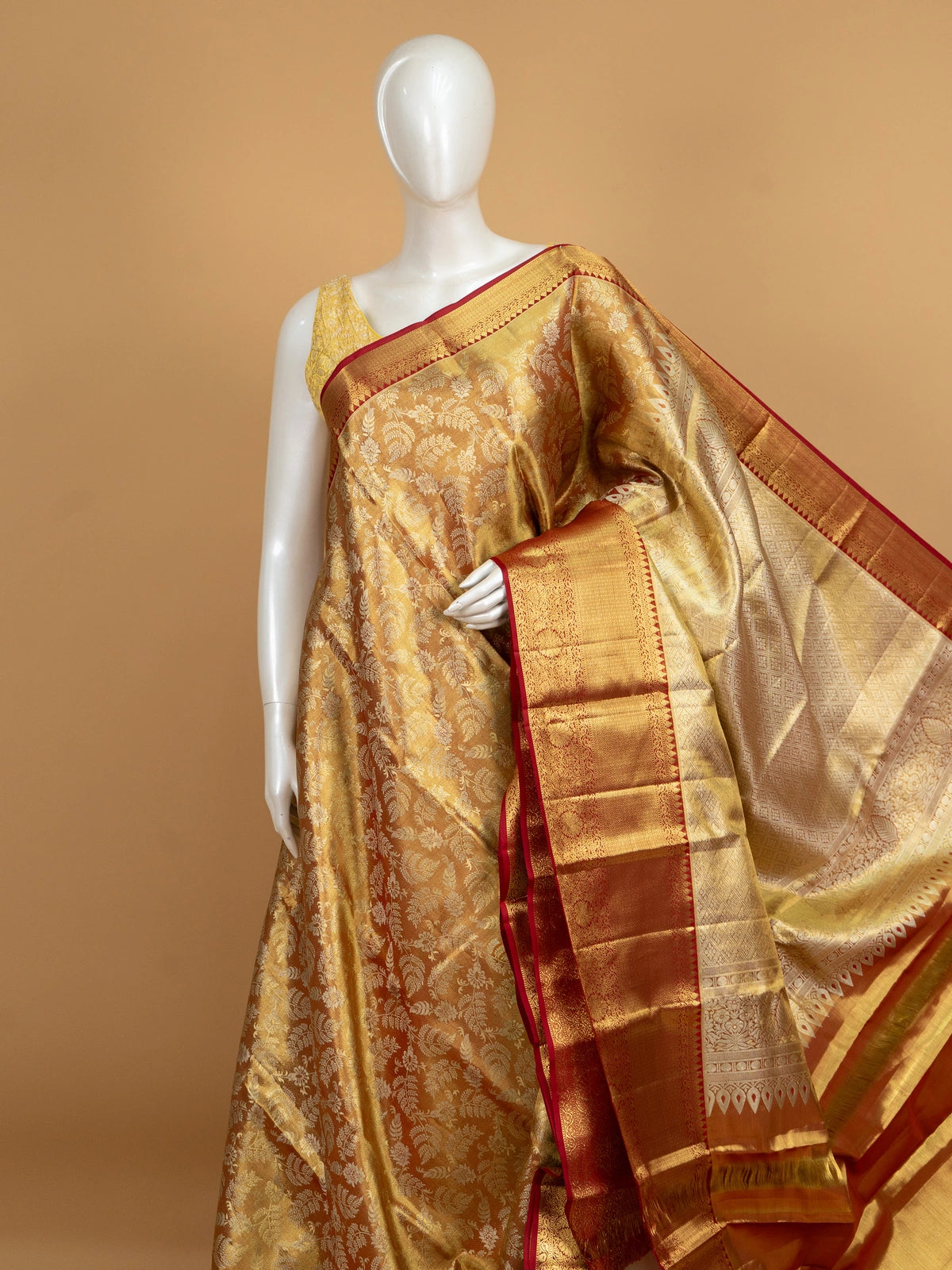 Mustard-gold pure Kanchipuram silk saree with gold zari floral jaal and contrast red zari border