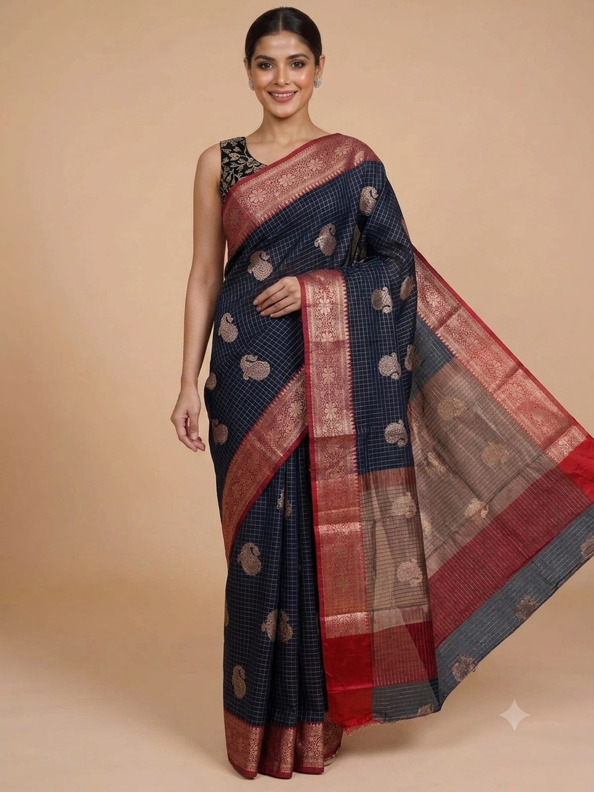 Navy blue semi raw silk saree with zari checks, gold paisley butta and contrast red zari border