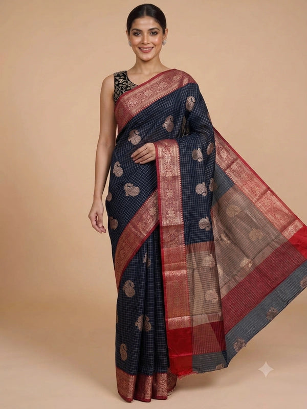 Navy blue semi raw silk saree with zari checks, gold paisley butta and contrast red zari border