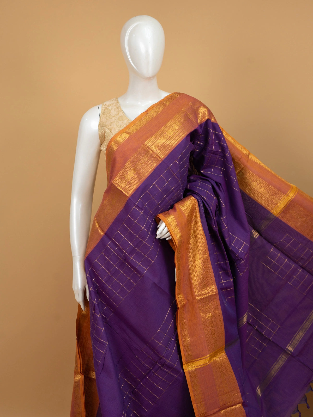 Purple Chettinad cotton saree with gold zari checks and contrast mustard zari border