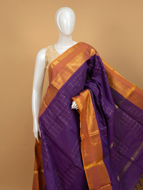 Purple Chettinad cotton saree with gold zari checks and contrast mustard zari border