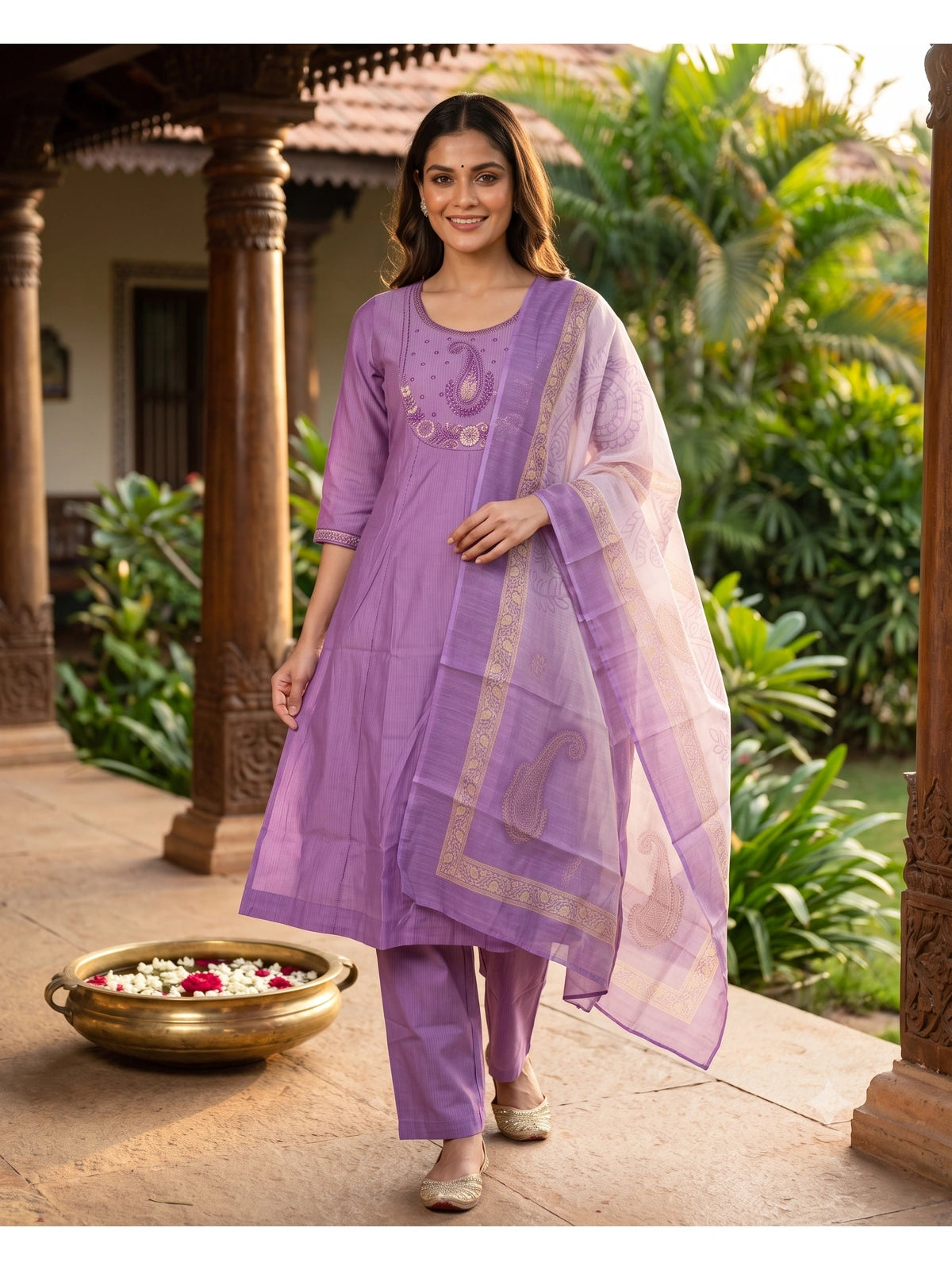Lavender Paisley Embroidered Umbrella  Kurti Set with Dupatta