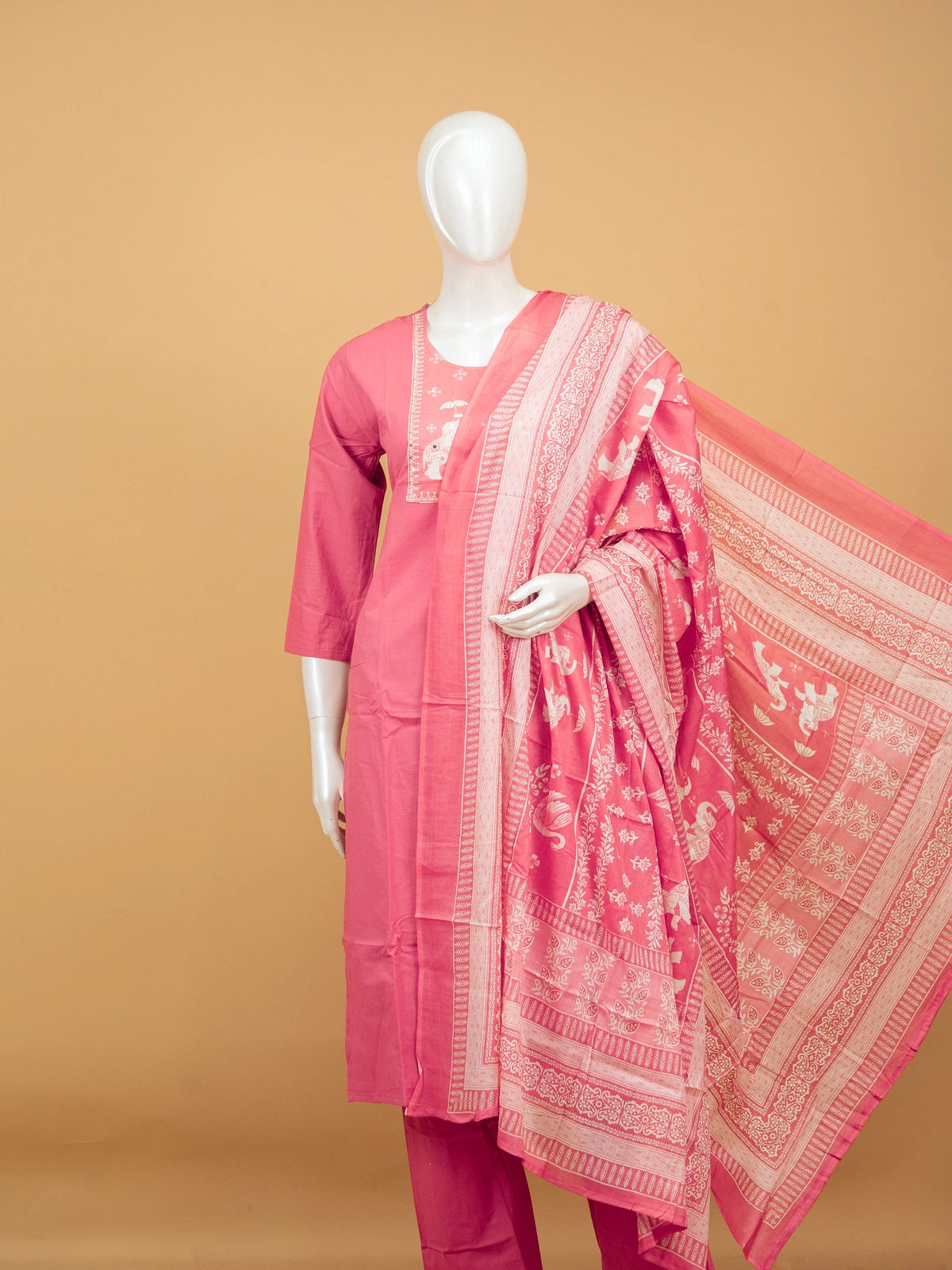 Pink cotton straight cut kurti set with elephant motif embroidered yoke and printed dupatta