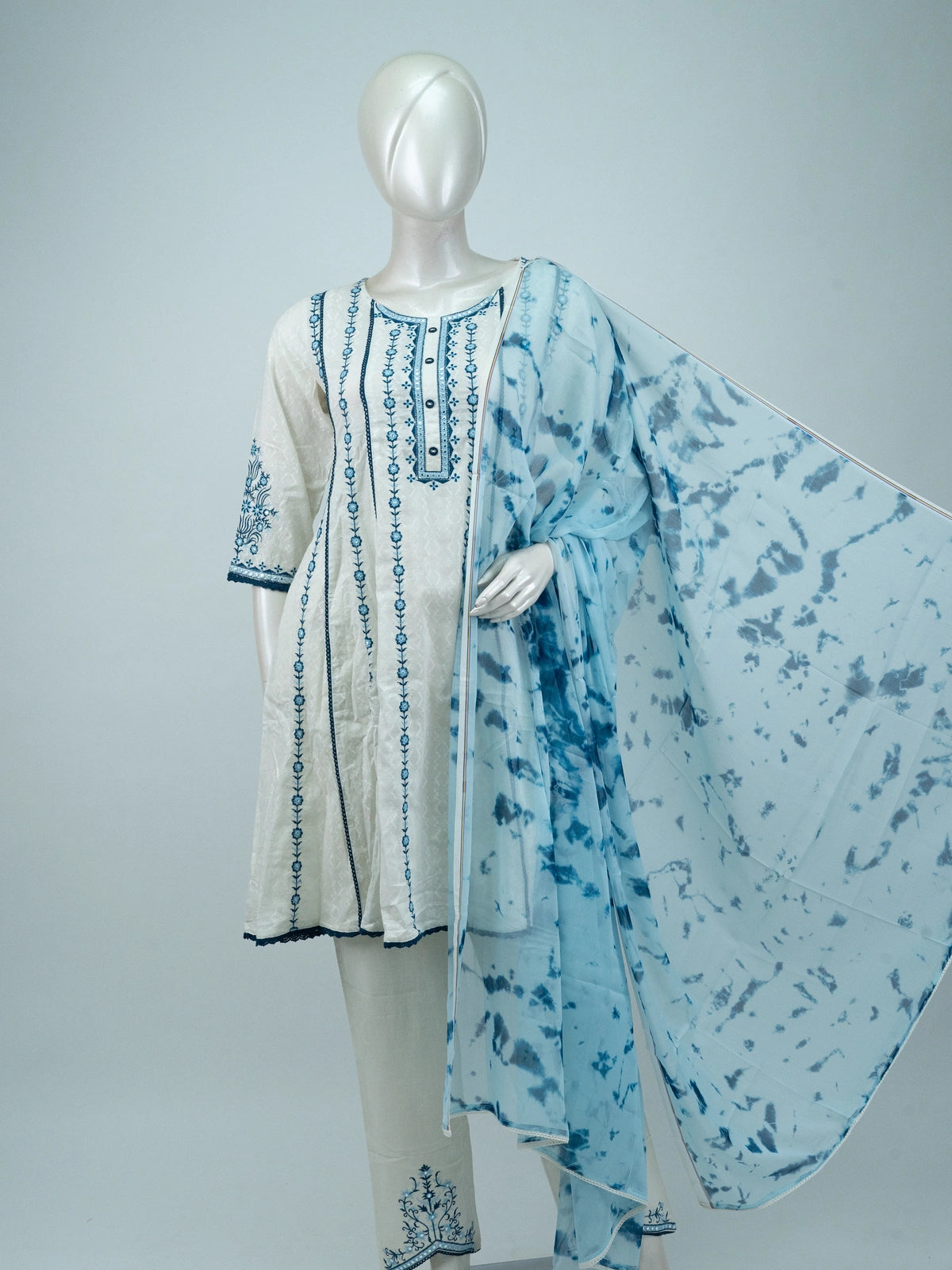 Off-White blue floral embroidered cotton anarkali kurti set with tie-dye dupatta