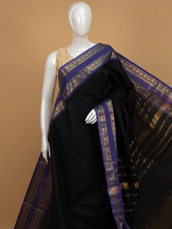 Black Chettinad cotton saree with purple gold zari contrast border and striped pallu
