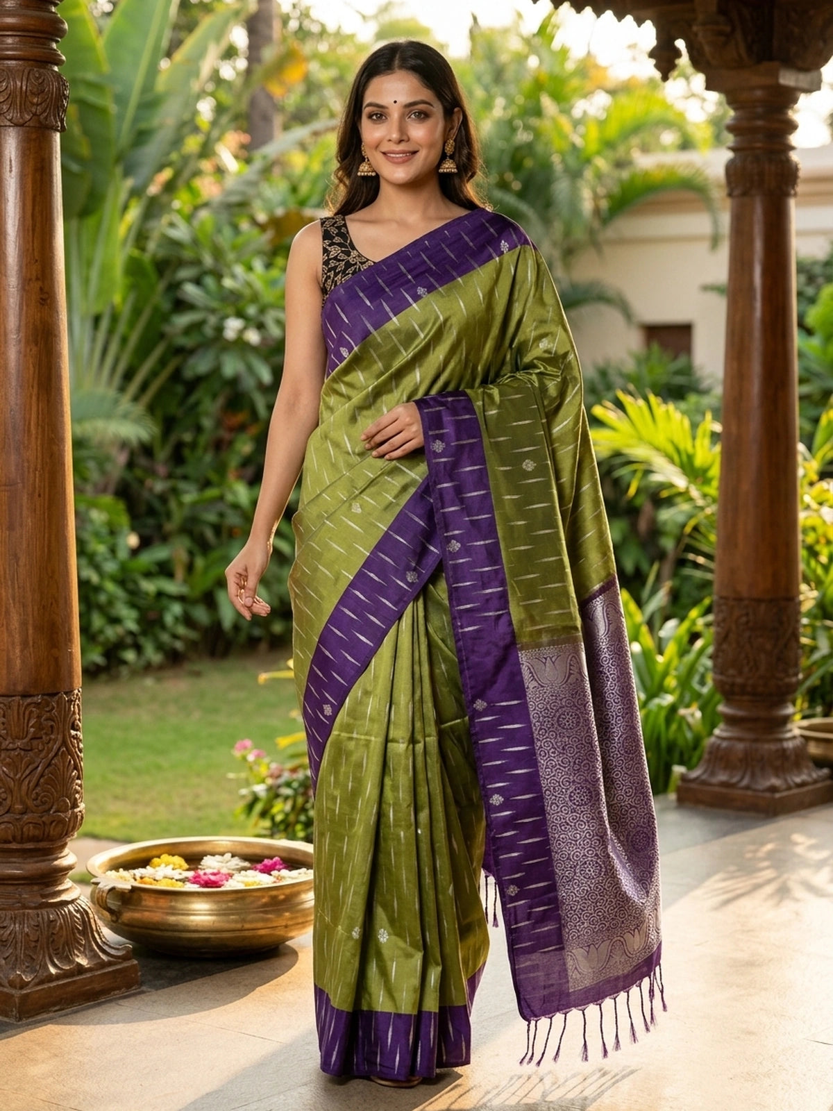 Olive green and purple soft silk saree with silver zari streaks and contrast purple pallu