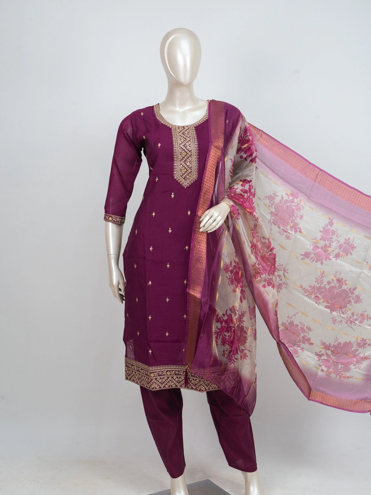 Wine purple zari embroidered straight cut kurti set with cream floral printed dupatta