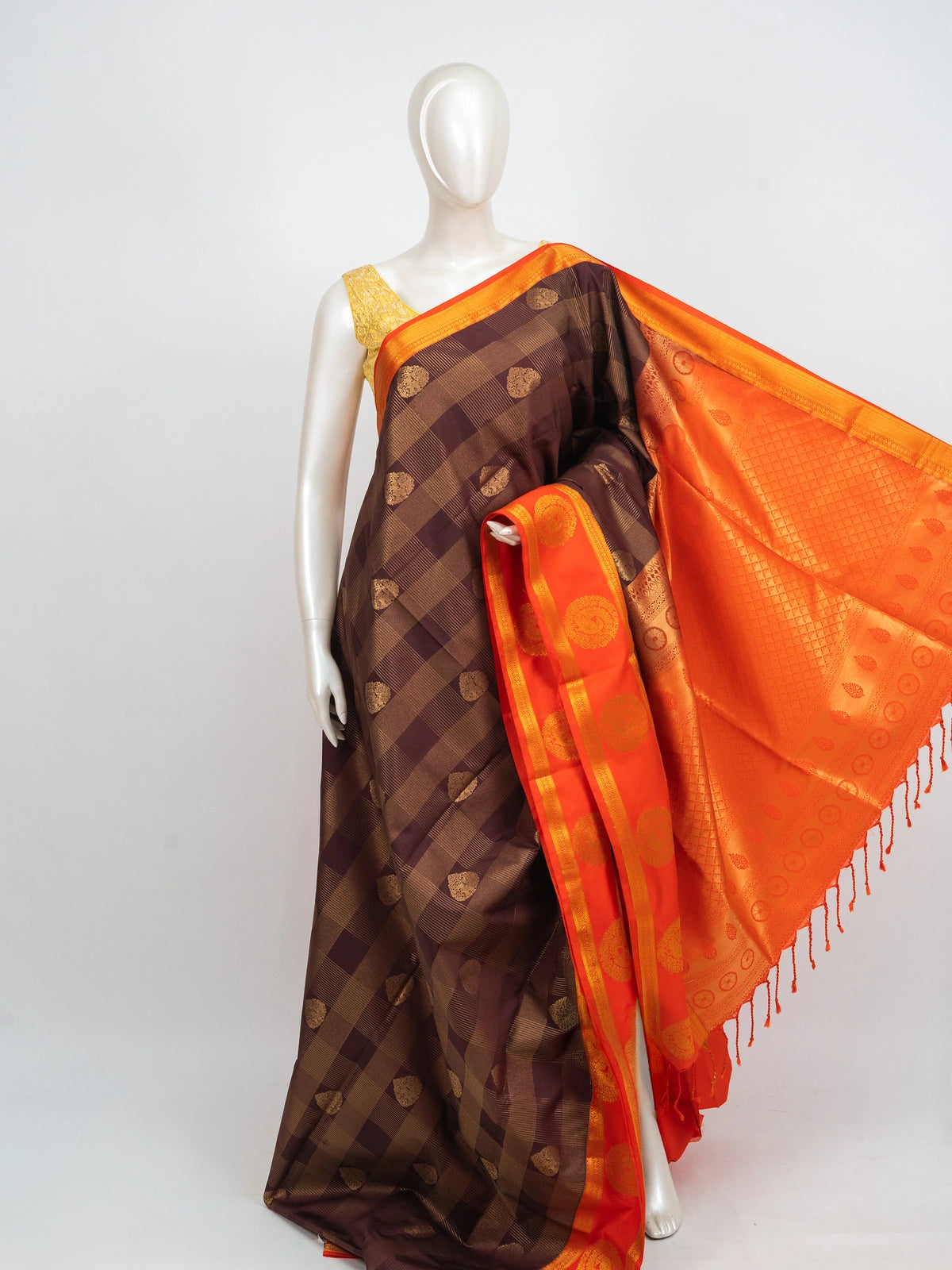 Brown and orange Kanchipuram Fancy Silk saree with gold zari checks and contrast border