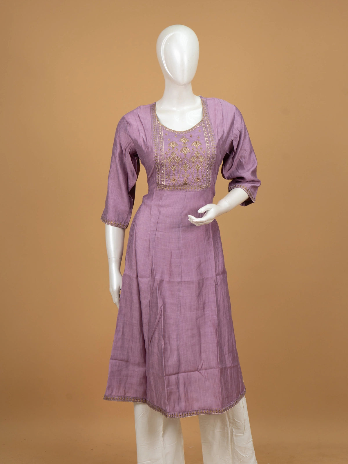 Lavender zari embroidered cotton Anarkali kurti top with gold floral yoke