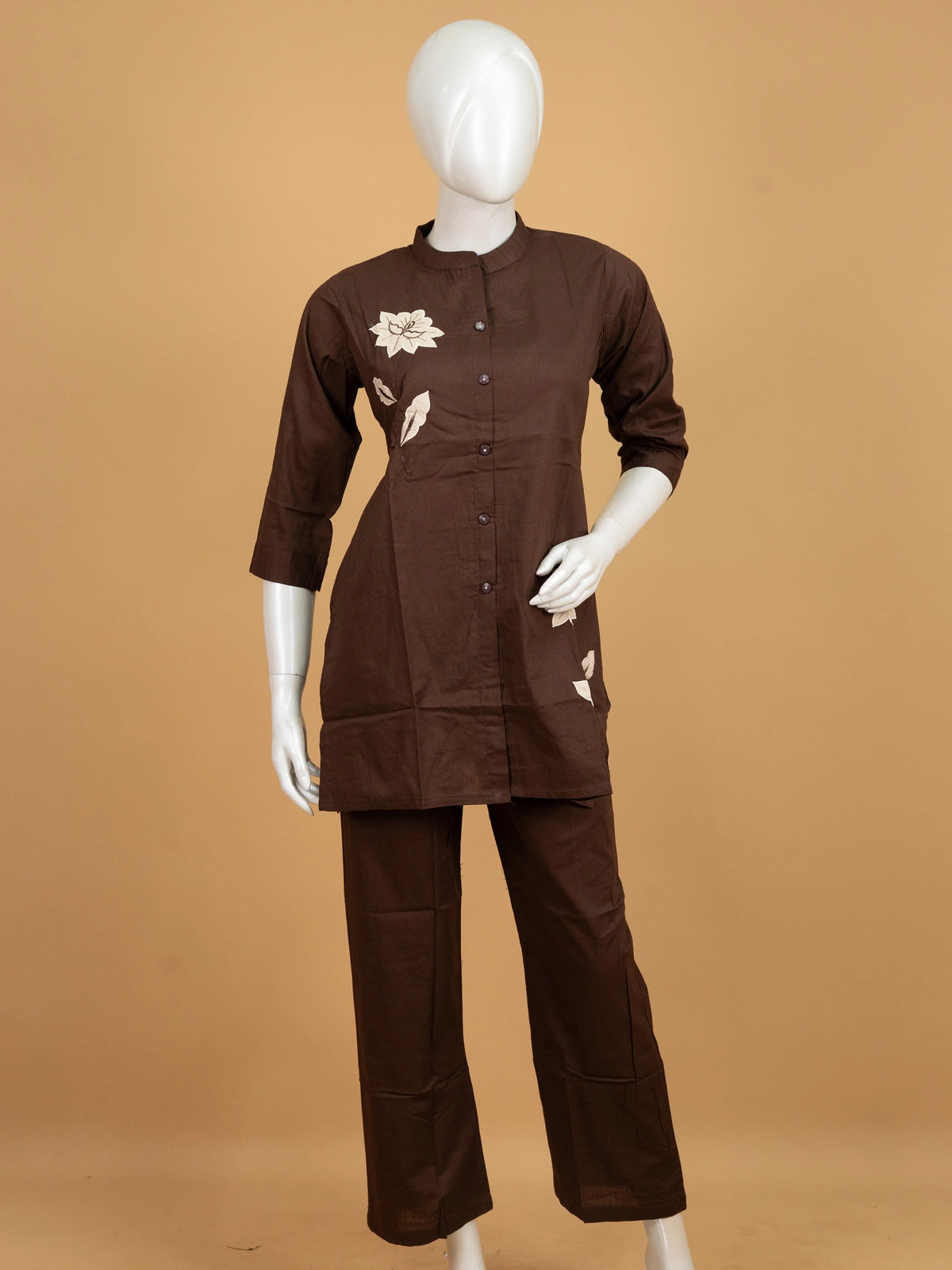 Brown floral applique cotton co-ord set with mandarin collar kurti and straight pants