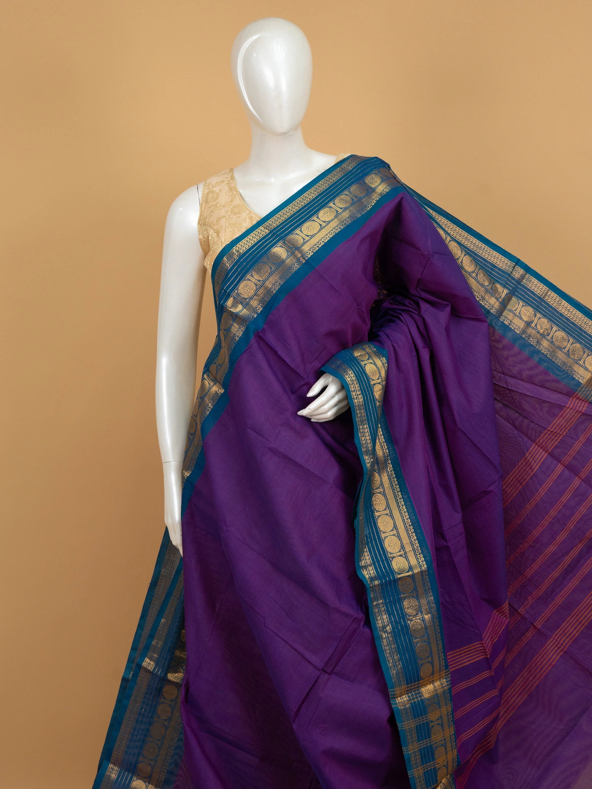 Purple Chettinad cotton saree with peacock-blue and gold zari contrast border